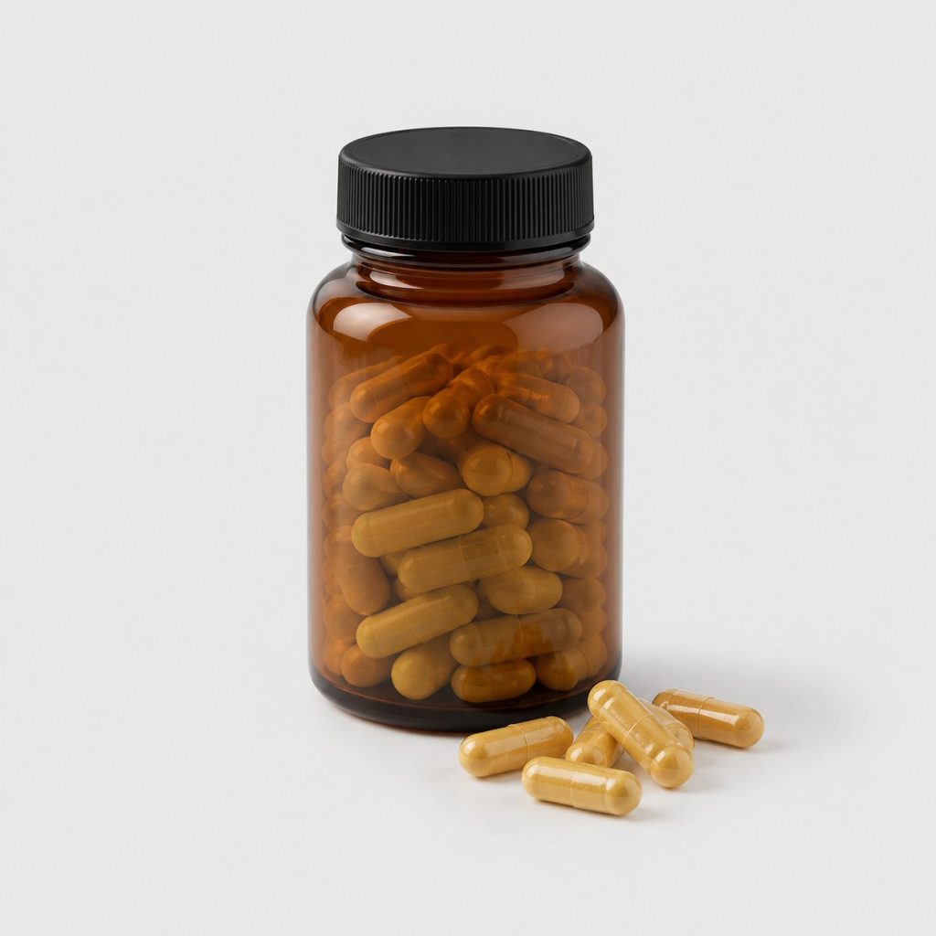 Flacon de gélules de citrate de magnésium posé sur fond clair