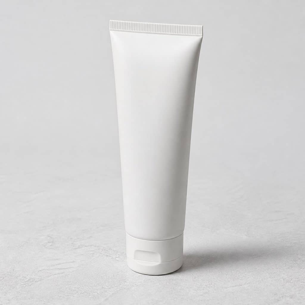 Tube de dentifrice à l'argile blanche posé sur fond neutre