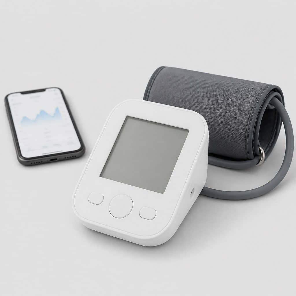 Tensiomètre de bras connecté posé à côté d'un smartphone flou