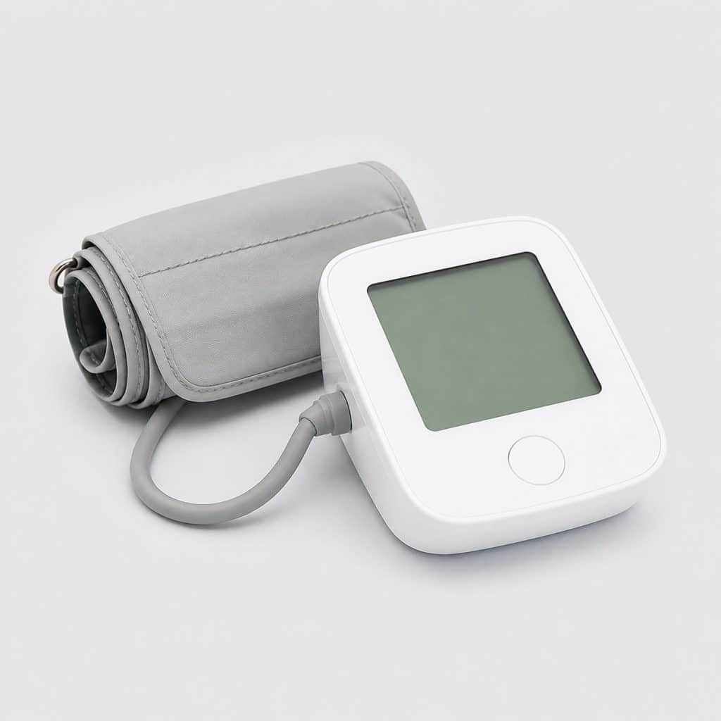 Tensiomètre électronique de bras posé sur fond neutre clair