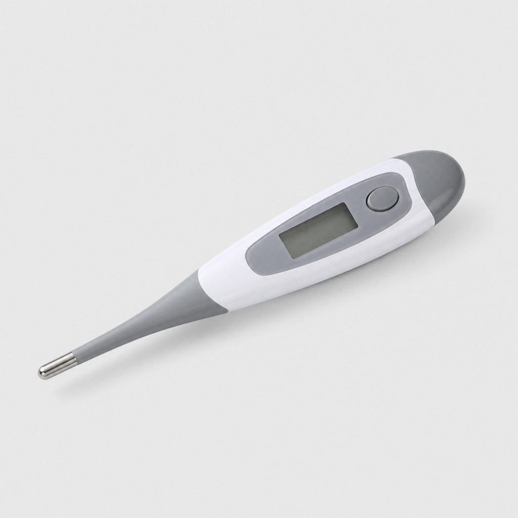 Thermomètre électronique blanc et gris à embout flexible posé à plat